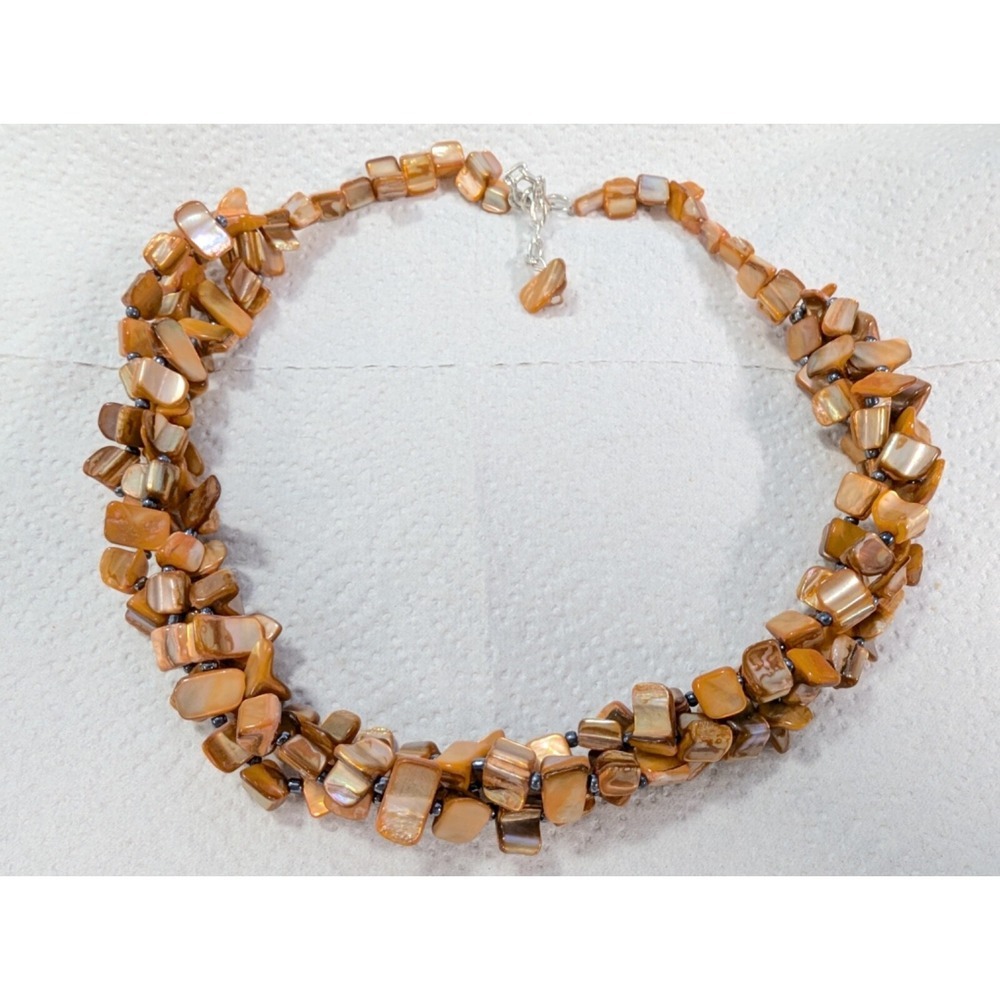 Mother of Pearl Multi 3 Strand Twisted Necklace 23 inch Peach Orange MOP Stones
